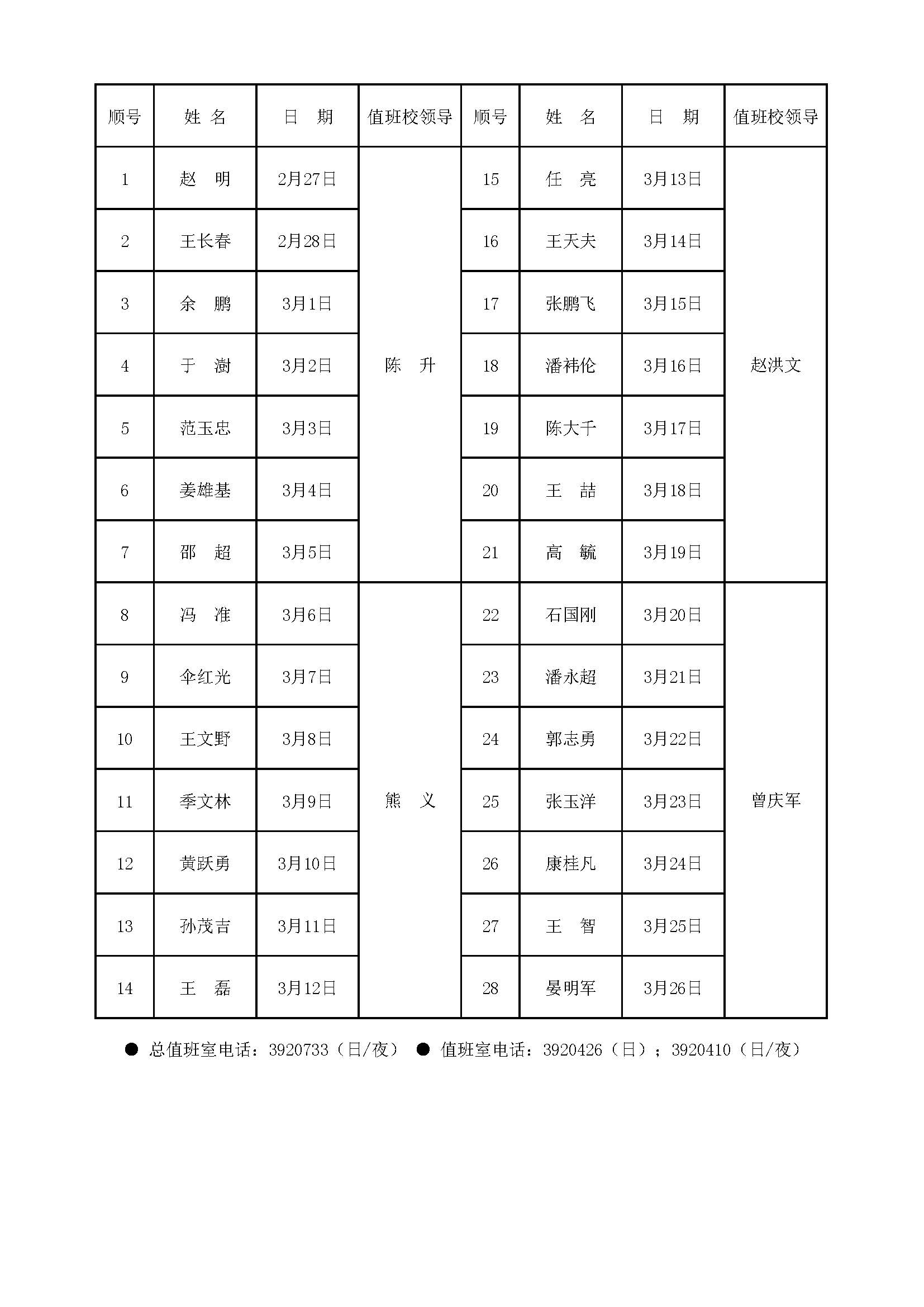 学校2018年2月-3月值班表